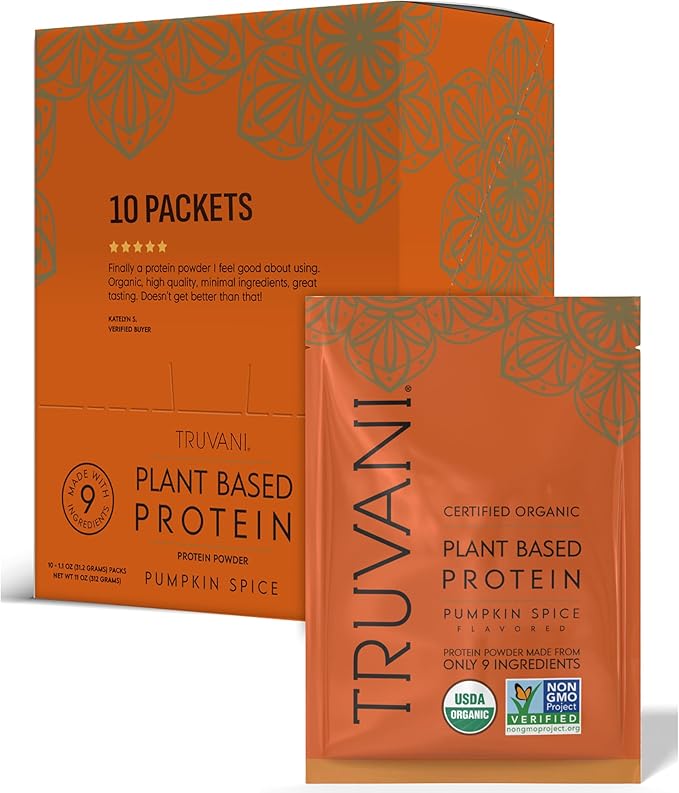 Truvani Vegan Pea Protein Powder | Pumpkin Spice | 20g Organic Plant Based Protein | 10 Travel Packets | Keto | Gluten &amp Dairy Free | Low Carb | No Added Sugar