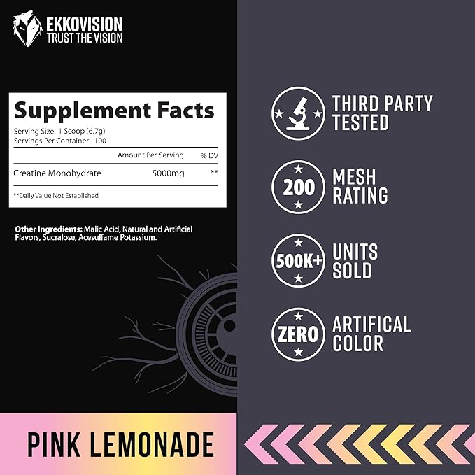 Ekkovision Creatine Monohydrate Powder Micronized Pink Lemonade Pre Workout &amp Post Workout Supplement for Men and Women Energy Support Easy to Mix in Shakes Smoothies &amp Beverages 100 Se