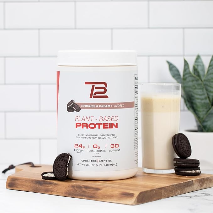 TB12 Plant Based Protein Powder by Tom Brady 24g of Vegan Pea Protein Low Sugar Low Carb Non-GMO Meal Replacement Keto Friendly Paleo Sugar Free Cookies and Cream Flavor (30 Servings)