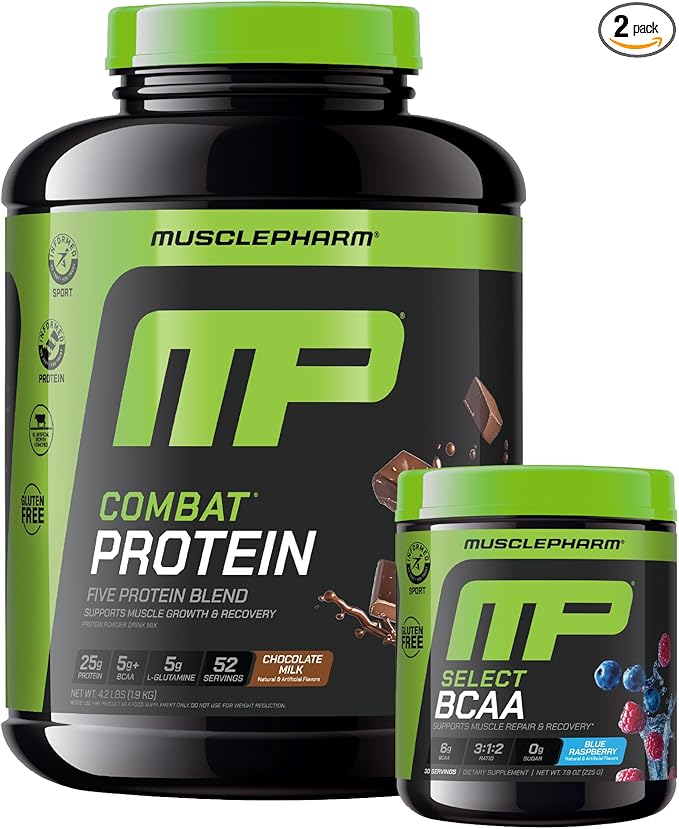 Muscle Pharm Combat 4lb Chocolate Protein and MusclePharm Blue Raspberry BCAA's