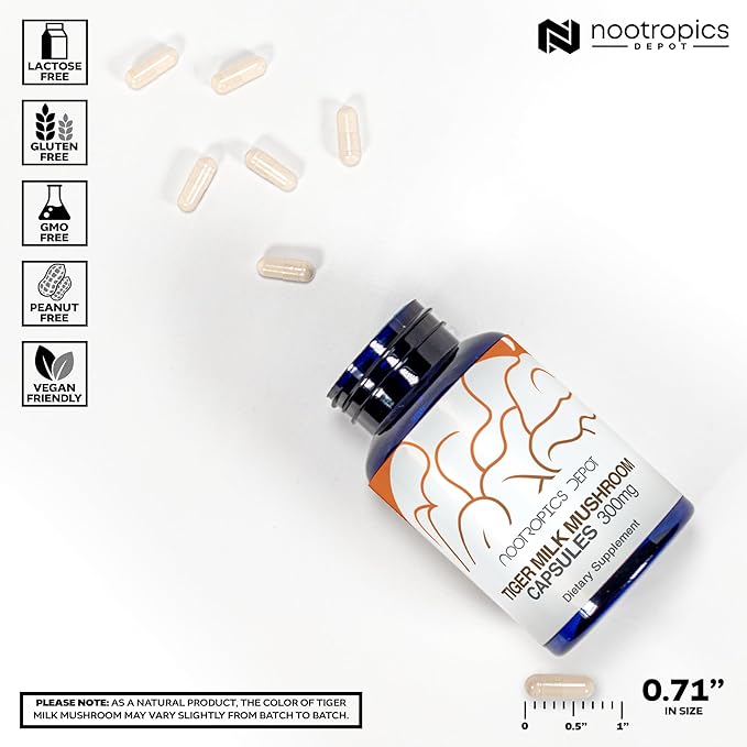 Nootropics Depot Tiger Milk Mushroom Capsules | 300mg | 60 Count | Lignosus rhinocerus Sclerotium | Cognition Histamine &amp Respiratory Support