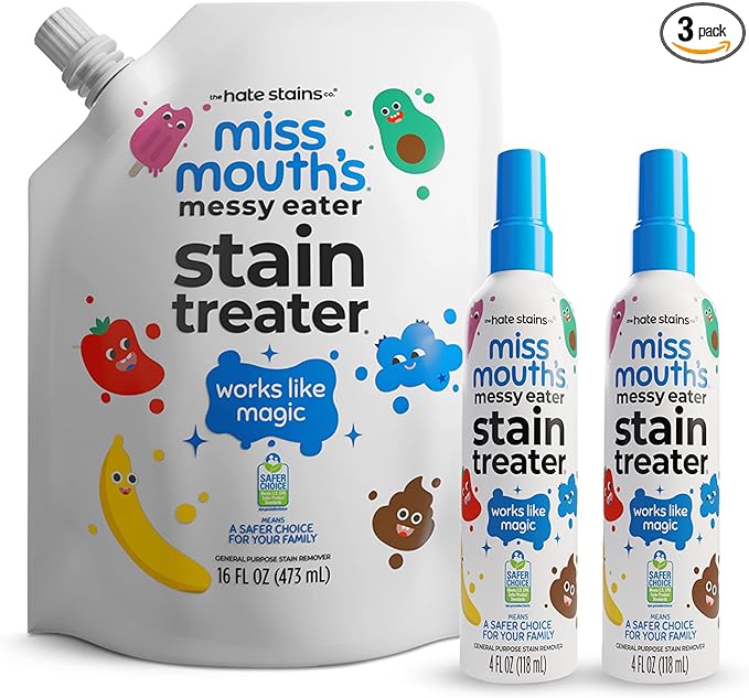 Miss Mouth’s Messy Eater Stain Treater Refill Ready Kit - 2 Pack Stain Remover Spray and 16oz Refill Pouch - Newborn &amp Baby Essentials - Food Grease Coffee Off Laundry Underwear Fabric