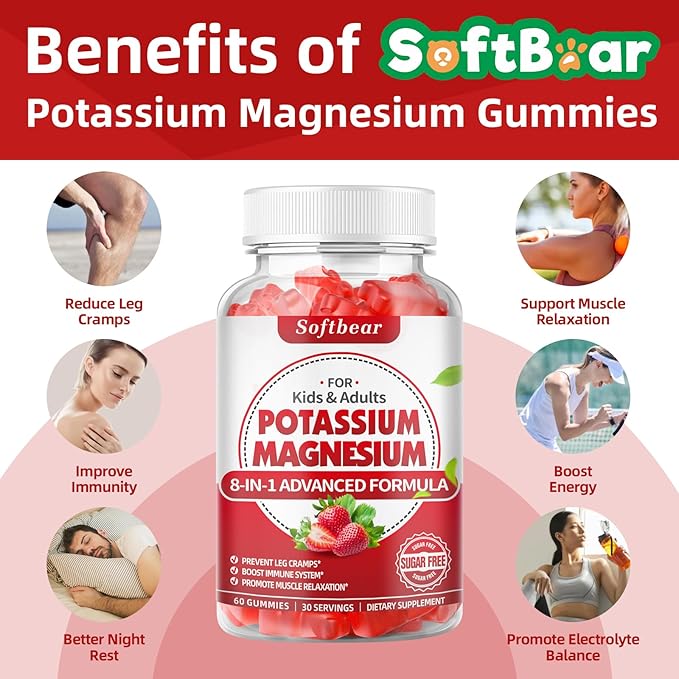 softbear Potassium Gummies for Adults High Absorption Magnesium Potassium Supplement with Vitamin B6 for Leg Cramps &amp Muscle Health Sugar-Free Vegan Strawberry 120 Gummies