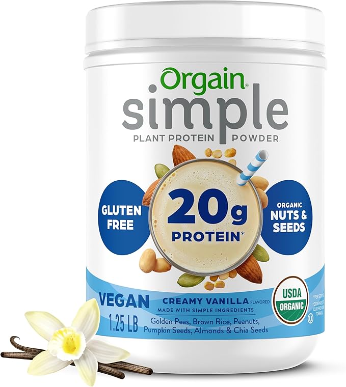 Orgain Organic Simple Vegan Protein Powder Vanilla - 20g Plant Based Protein Made with less Ingredients No Artificial Sweeteners Gluten Free No Dairy or Lactose 1.25 lb (Packaging May Vary)
