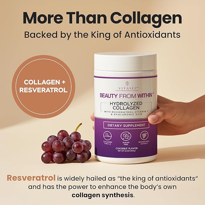 VITASEI Hydrolyzed Collagen Peptides Powder with Resveratrol &amp Vitamin C – Hair Skin &amp Joint Support – Colágeno Hidrolizado for Women &amp Men – Soy-Based Formula – Coconut Flavor 16 oz (30