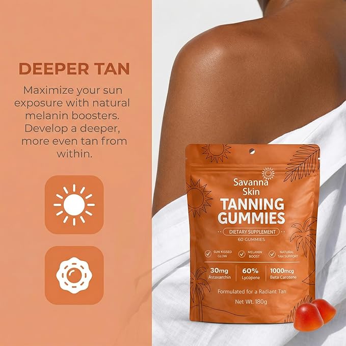 Savanna Skin Tanning Gummies with Vitamin C &amp E Astaxanthin Beta Carotene Skin Radiance &amp Hydration for Natural Looking Glow Bronzing Non-GMO Vegan &amp Sugar Free - 60 Count (3)