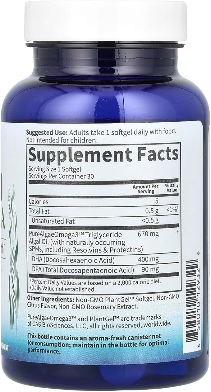 Garden of Life Omega 3 Vegan DHA Supplements Dr. Formulated Vegan DHA 400mg DHA &amp 90mg DPA in Triglyceride Form from a Single Source Omega 3 Supplement for Women's and Men's Health 30 Softgels