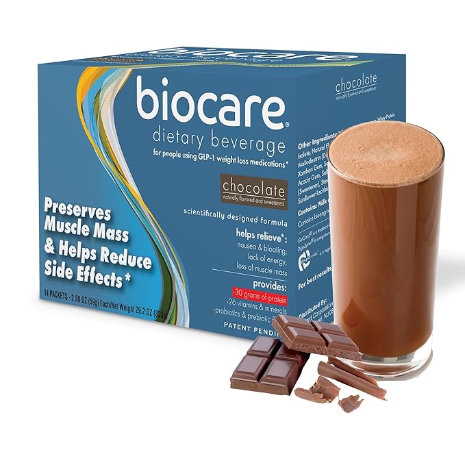 Biocare Nutritional Beverage for GLP-1 Users Dietary Powder Drink Provides 30 g Essential Protein 26 Vitamins/Minerals Helps Ease Nausea Bloating Constipation Chocolate Shake 14ct