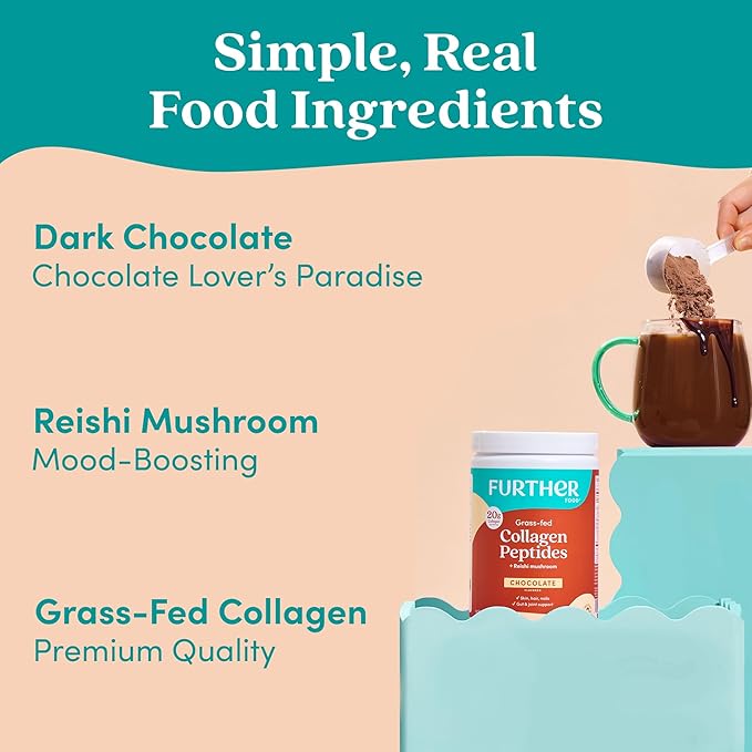 Further Food Chocolate Collagen Peptides Powder with Reishi Mushroom - 100% Grass-Fed Hydrolyzed Type 1 &amp 3 20g of Collagen per Serving Supports Skin Hair Nails &amp Joints 24.34 Oz
