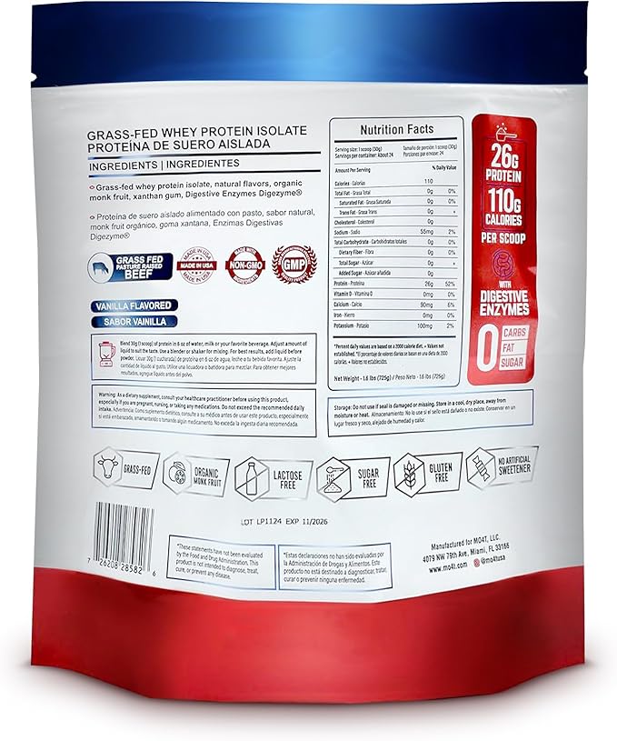 ISO26 Grass Fed Whey Protein Isolate with no Artificial sweeteners. Naturally Sweetened with Monk Fruit 1.6 Pounds 24 Servings Milk Chocolate (Iso 26 Pouch Vanilla)