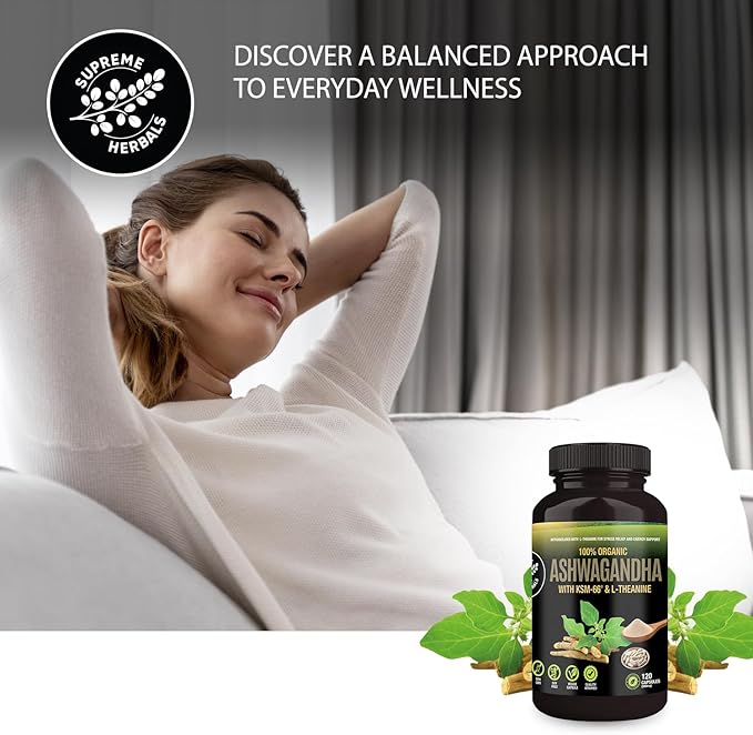 Organic Ashwagandha Capsules 500 mg with KSM-66® &amp L-Theanine 120 Veggie Capsules – Non-GMO Gluten-Free Soy-Free – Withania Somnifera Herbal Supplement