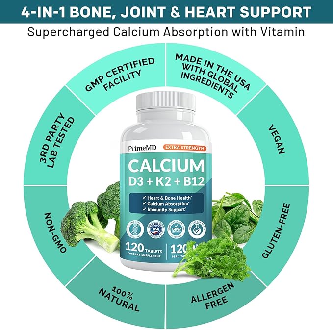 4-in-1 Calcium 1200 mg with Vitamin D3 Supplements for Women and Men - Calcium Extra Strength with Vitamin D3 K2 5000 IU Supplement1200 mg per Serving -Free - Vegan-Friendly (120 Count) (Pack of 1)