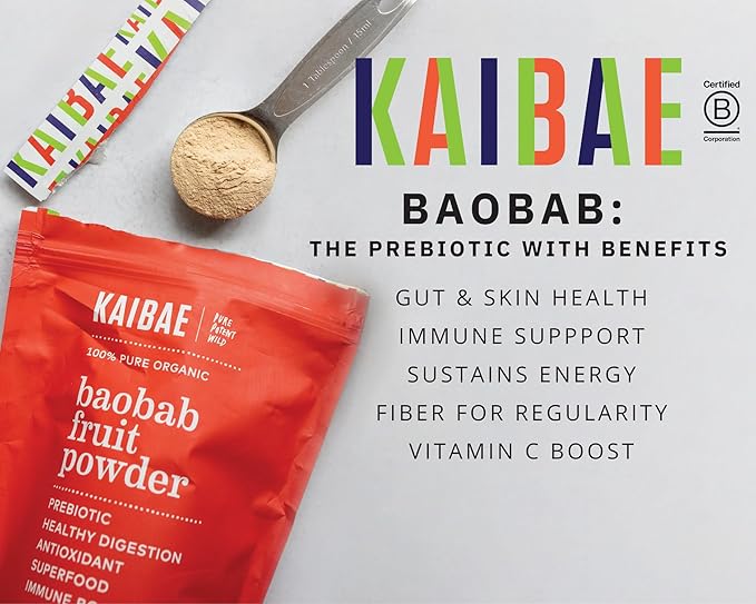 KAIBAE Premium Organic Baobab Powder | Prebiotic Fiber Superfood for Gut &amp Metabolic Health | Vitamin C + Polyphenols | Gluten-Free Non-GMO Vegan | 8 oz.