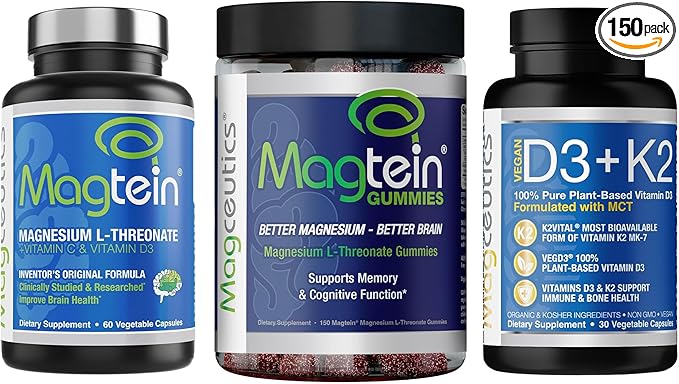 Magtein Magnesium L-Threonate 60 Capsules Magceutics Adult Gummies 150 Count Vitamin D3 K2 30 Capsules - Bundle