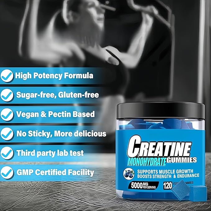 Sugar Free Creatine Monohydrate Gummies for Men &amp Women 5000mg Creatine Monohydrate Per Serving with L-Taurine Alpha GPC Betaine Anhydrous Natural Blueberry Flavor (120 Count)