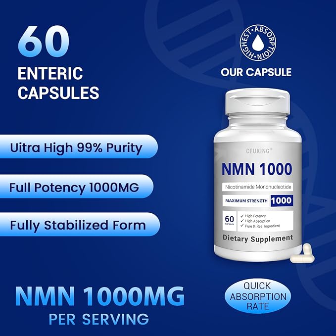 NMN 1000mg Per Serving Maximum Strength - 99% Pure NMN (Nicotinamide Mononucleotide) for NAD Cell Immune Energy Anti-Aging &amp Longevity Stabilized NMN Supplements 1000mg - 60 Veggie Capsules