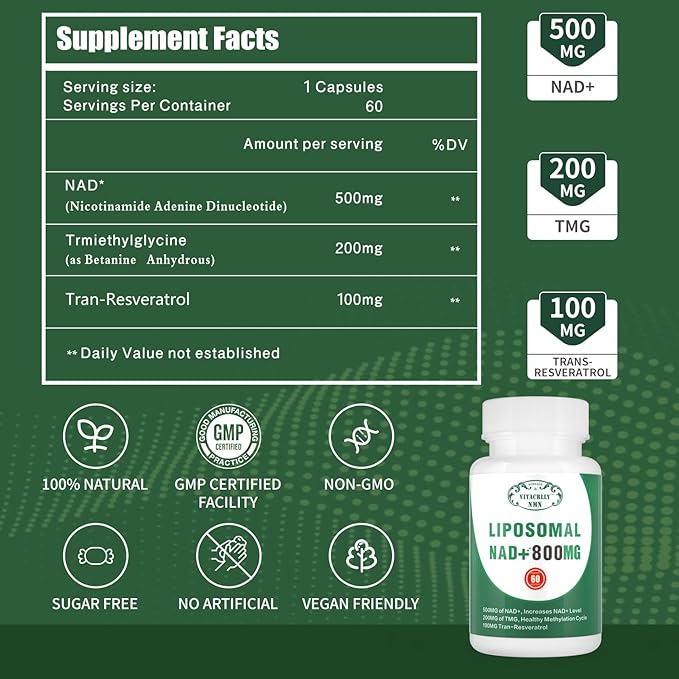 NAD+ Supplement Liposomal NAD+ Plus 800MG Nicotinamide Riboside Alternative for Cell Energy Healthy Aging and Muscle Repair 180 Capsules (Pack of 3)