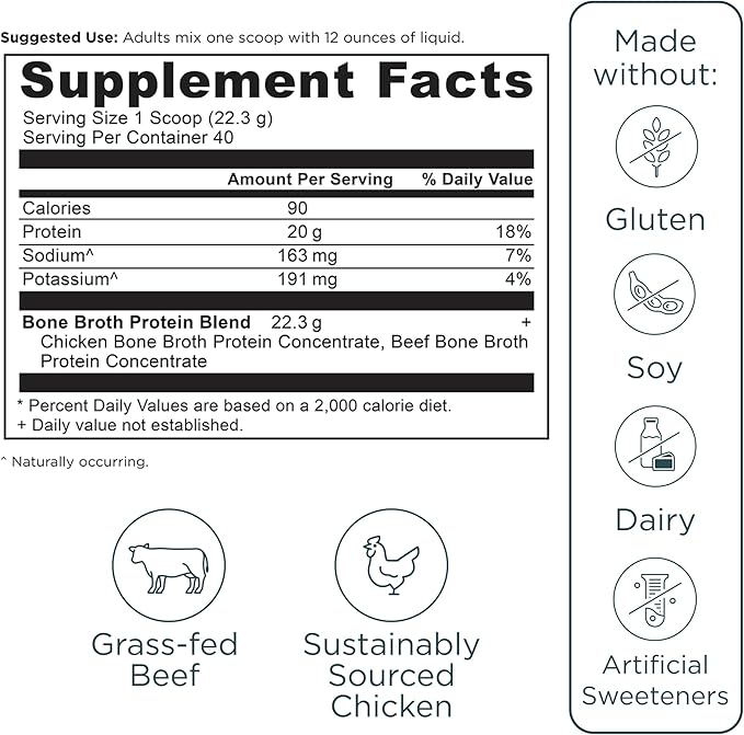 Ancient Nutrition Grass Fed Cage Free Bone Broth Protein Powder 20g Protein Hydrolyzed Collagen Peptides Keto &amp Paleo Friendly Supports Joint &amp Gut Health Pure 40 Servings