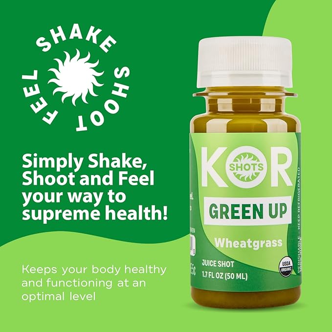 Kor Shot Wheatgrass Ginger Spirulina Shot - 24 Pack x 1.7 Fl Oz - Green Up Shot - Daily Greens Superfoods Shot - USDA Certified Organic