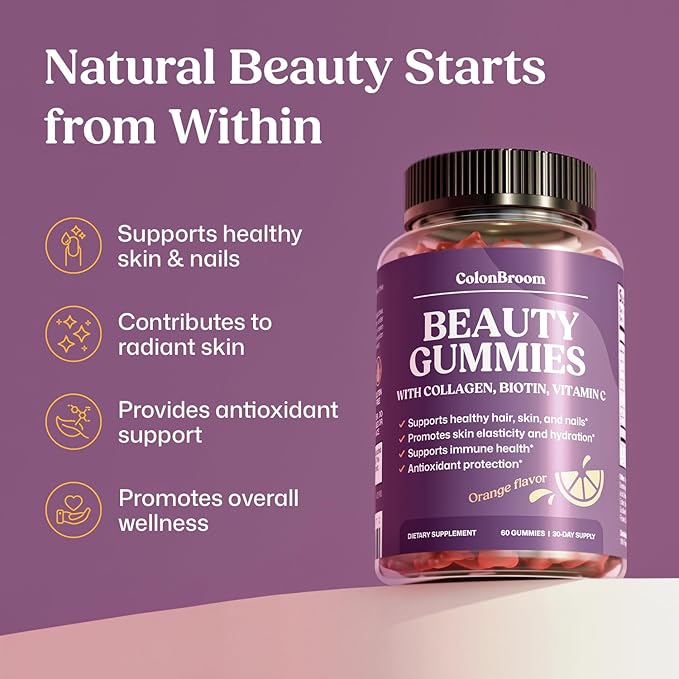 ColonBroom Beauty Biotin &amp Collagen Gummies with Vitamin C | Hair Skin and Nails Vitamins for Women &amp Men Beauty Supplement for Hair Health Collagen Peptides Gummies (Orange Flavor 30 Day