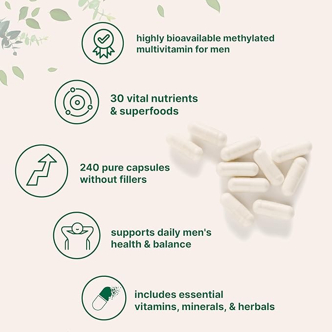 Micro Ingredients Pure Methylated Multivitamin for Men 240 Capsules | with Vitamin C D E B Complex + Methylfolate lycopene Saw Palmetto Ginseng &amp Maca | Men’s Daily Support | Filler Free