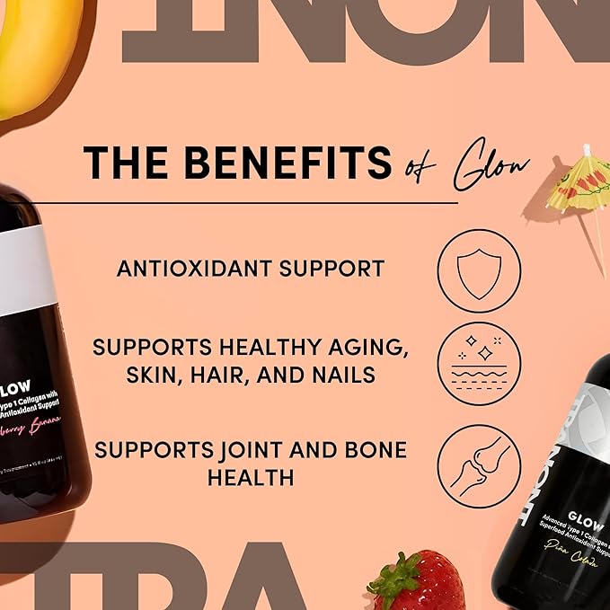 Tranont Glow Liquid Collagen for Women | Multi Collagen Peptides with Hyaluronic Acid &amp Biotin | Hair Skin &amp Nail Support | Hydrolyzed Collagen Shot | Strawberry Banana &amp Piña Colada | 30