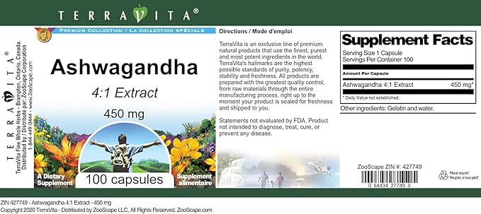 Ashwagandha 4:1 Extract - 450 mg (100 Capsules ZIN: 427749) - 2 Pack