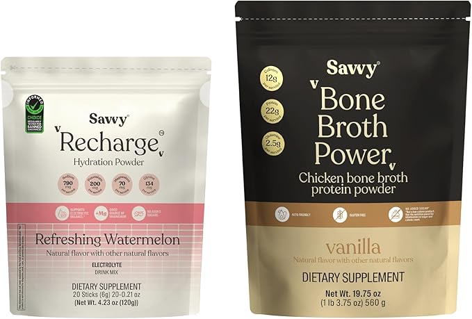 SAVVY Bone Broth Power Vanilla Protein Powder 22g Protein 12g Collagen &amp Recharge Electrolyte Powder Sugar Free Hydration Drink with Sodium Magnesium Potassium Glycine Watermelon Flavor