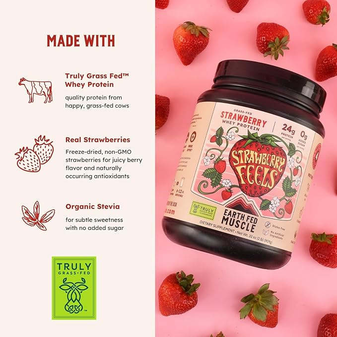 Earth Fed Muscle Strawberry Feels (Forever) – Irish Truly Grass‑Fed Whey Protein Isolate No Sugar Soy‑Free Gluten‑Free (2 lb 29 Servings Strawberry)