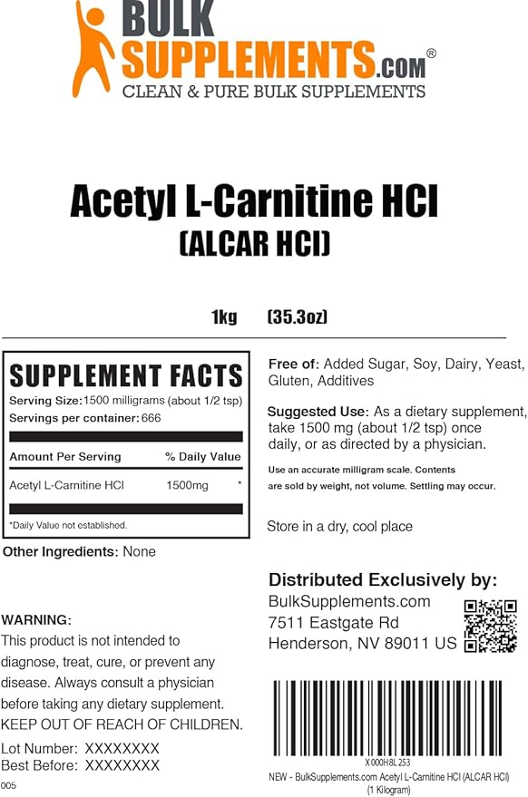 BulkSupplements.com Acetyl L-Carnitine Powder - as ALCAR HCl Carnitine Supplement - Gluten Free 1.5g per Serving 1kg (2.2 lbs) (Pack of 1)