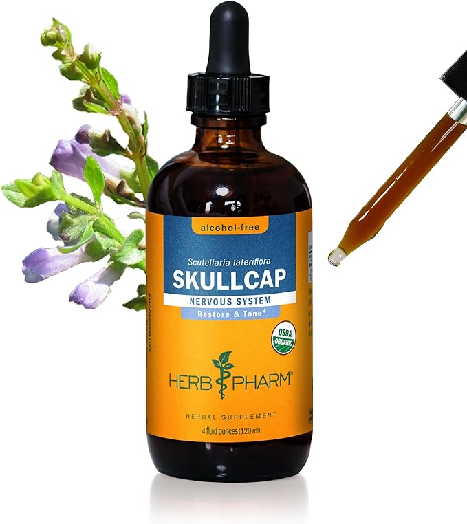 Herb Pharm Certified Organic Skullcap Liquid Extract for Nervous System Support Alcohol Free Glycerite 4 Ounce