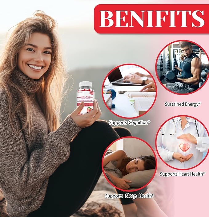 Magnesium L-Threonate Gummies - with Vitamin D K2 &amp Omega-3 Fish Oil - Brain Health Memory and Muscle Support - Vegan Non-GMO Natural Berry Flavor 90 Gummies