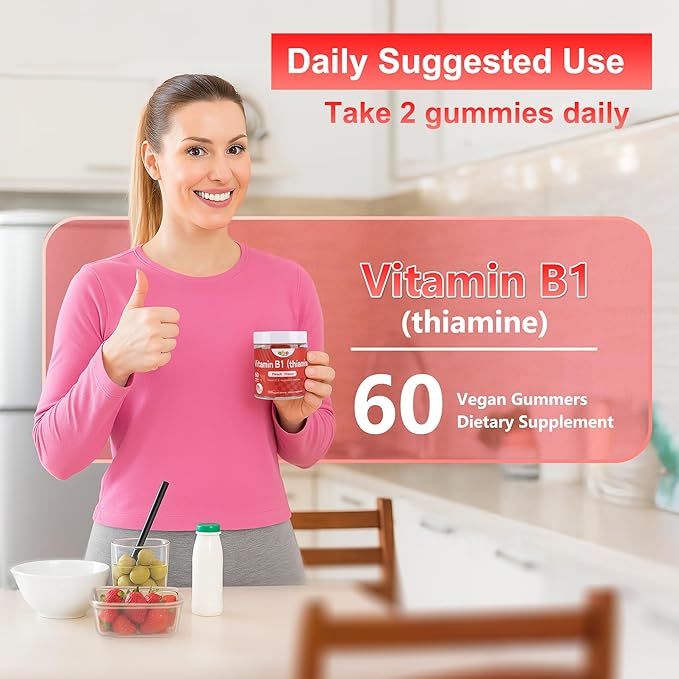 Vitamin B1 Gummies 300mg for Adults &amp KidsChewable Thiamine B1 Supplement with 150mg MagnesiumNervous System Healthy EnergyNatural Peach FlavorNon GMOVegan 60 Count Sugar-Free 1-Month Supply