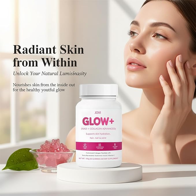 Jovi Nutrition Glow+ NAD+ &amp Collagen GummiesMulti-Type Hydrolyzed Collagen Peptides with Resveratrol Hyaluronic Acid Vitamin C &amp E Skin Hair &amp Nail Nutritional Support