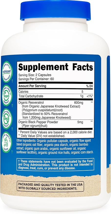 Nutricost Organic Resveratrol (600mg) 120 Capsules - USDA Organic CCOF Certified Vegan GMO-Free Gluten-Free 60 Servings