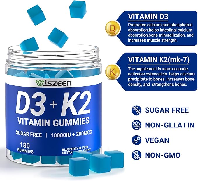 Sugar-Free Vitamin D3 K2 Gummies Vitamin D3 10000iu &amp Vitamin K2(MK7) 200mcg with Calcium Magnesium Vitamin B12 for Bone Muscle Teeth Immune Vegan