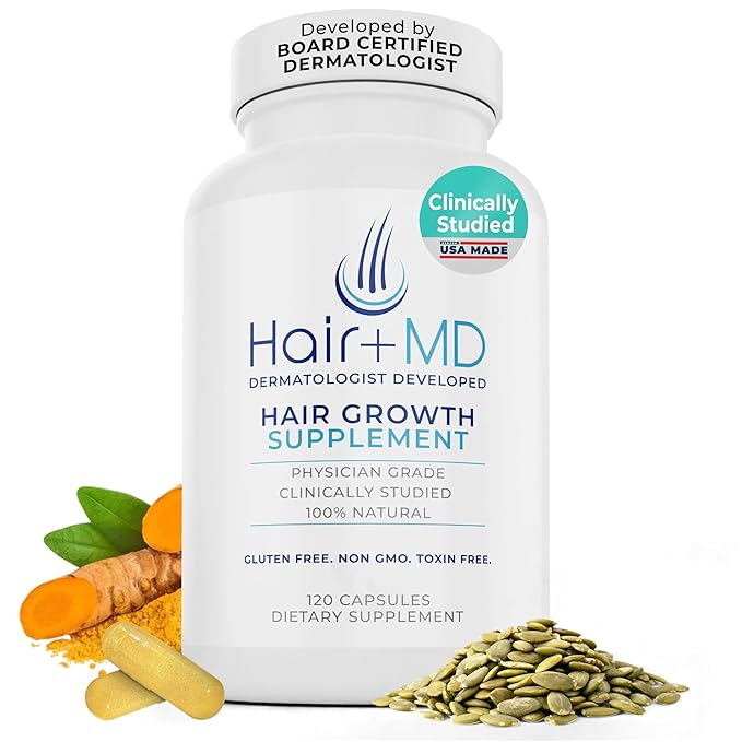 Hair Plus MD Hair Growth Supplement 120 Capsules – Supports Hair Growth &amp Density – Dermatologist-Developed with Collagen &amp Vitamins – Gluten-Free Toxin-Free Non-GMO – 1 Month Supply