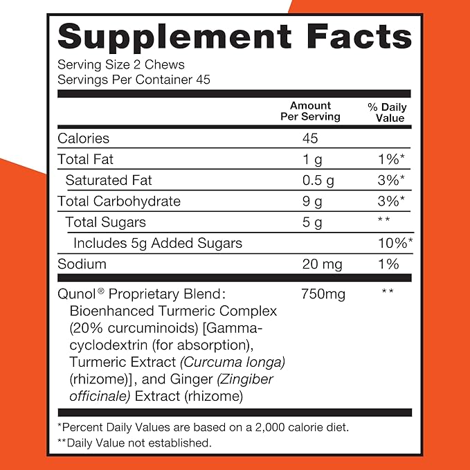 Qunol Turmeric and Ginger Soft Chews 750mg Turmeric Supplement Ultra High Absorption to Support Joint Health 90 Count