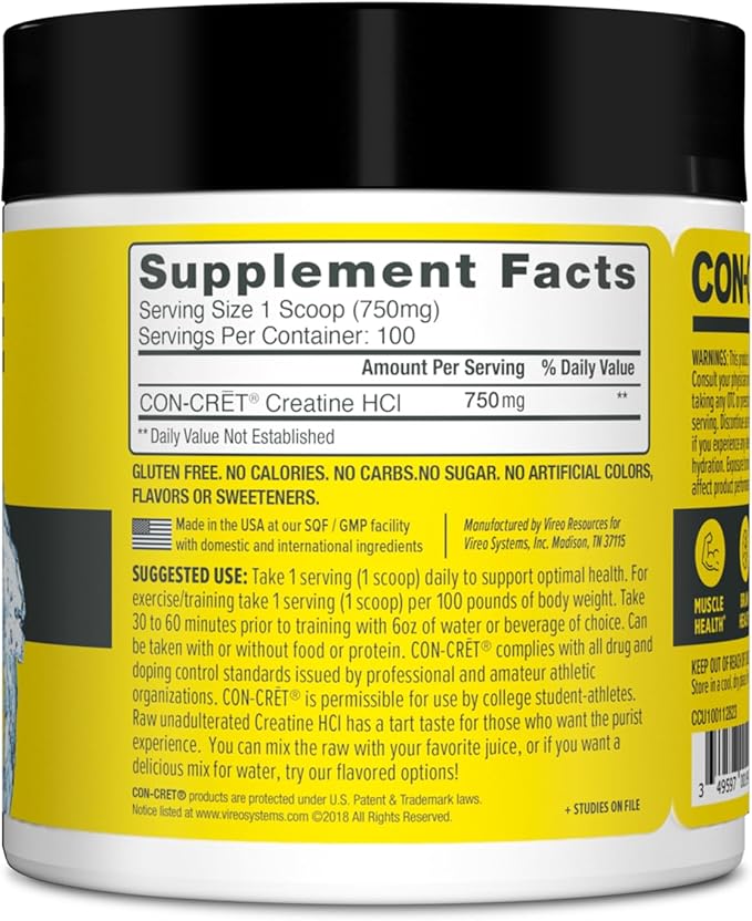 CON-CRET Creatine HCl Powder | Muscle Cognitive Cellular Energy Support | No Bloating or Cramps | USA Made &amp NSF Certified | Unflavored (100 Serving)