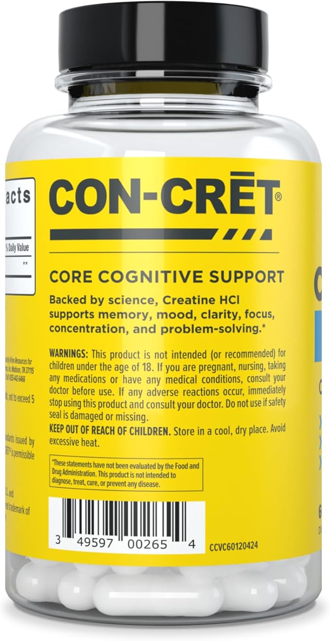 CON-CRET Creatine HCl for Brain Health Capsules – Clinically Tested Support for Memory Focus Concentration Problem-Solving Clarity and Mood.* | Made in USA (60 Day Supply)