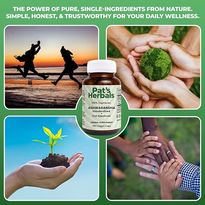 Pat's Herbals Ashwagandha Capsules | 180 Count | 600mg Pure Ashwagandha Root | Vegan &amp Non-GMO | USA Grown