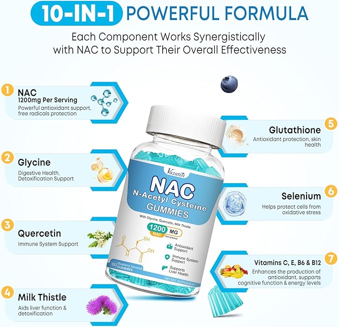 NAC Gummies NAC Supplement with Milk Thistle Selenium B6 B12 - Antioxidant Immune Support - N Acetyl Cysteine 600 mg per Gummy - 2 Month Supply 120 Cts