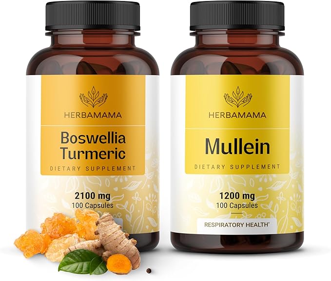 HERBAMAMA Boswellia Turmeric and Mullein Leaf Capsules Kit - Bundle of 2100 mg Boswellia Turmeric &amp 1200 mg Mullein Leaf Capsules - Vegan Non GMO Gelatin-Free - 2 Pack