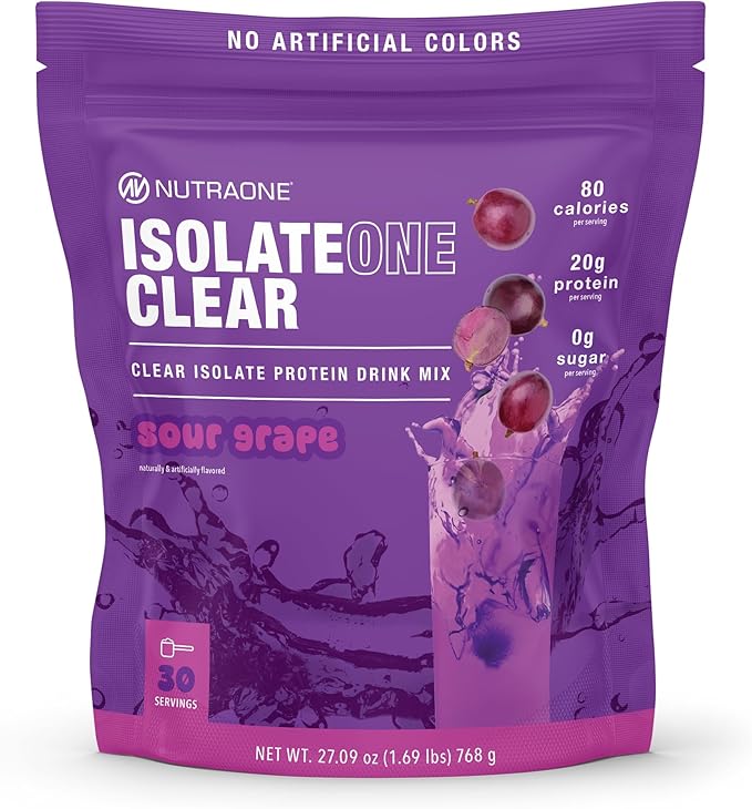 NutraOne Clear Whey Protein Powder Drink Mix Naturally &amp Artificially Flavored Clear Protein Drink 20g of Protein Zero Sugar (Sour Grape - 30 Servings)