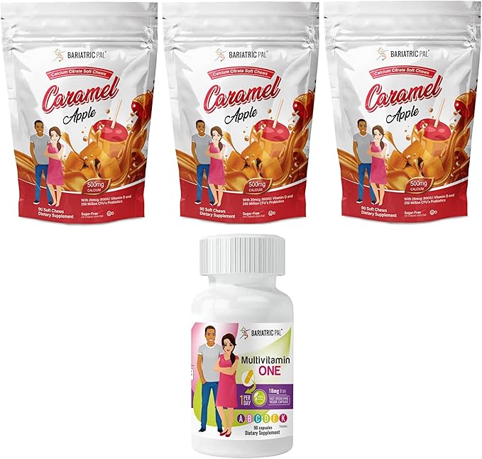 BariatricPal 90-Day Bariatric Vitamin Bundle (Multivitamin ONE 1 per Day! Capsule with 18mg Iron and Calcium Citrate Soft Chews 500mg with Probiotics - Caramel Apple)