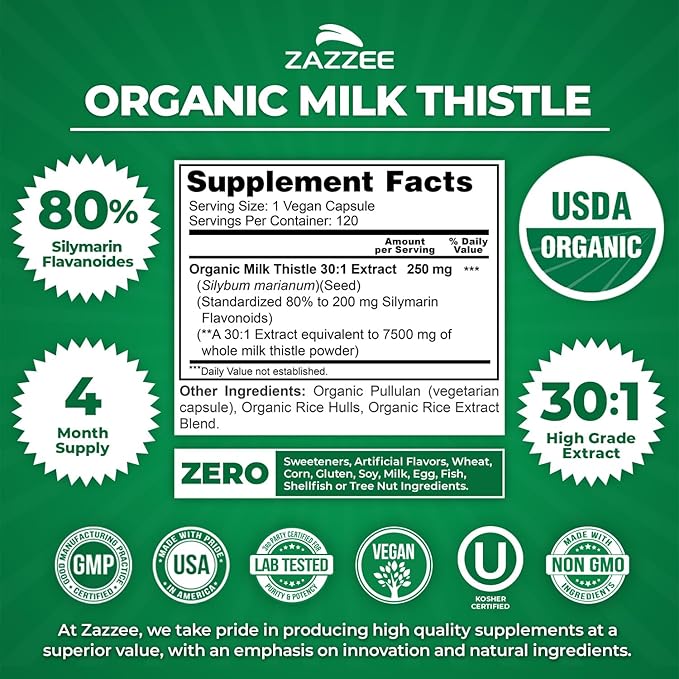 Zazzee USDA Organic Milk Thistle 30:1 Extract 80% Silymarin 120 Vegan Capsules 4 Month Supply Certified Kosher High Potency Liver &amp Antioxidant Support Silybum Marianum Non-GMO Made in the