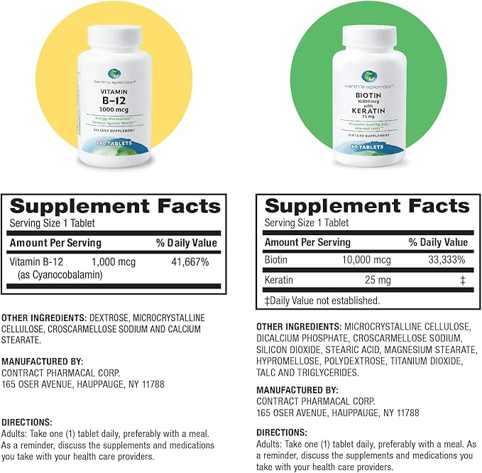 Earth's Splendor Energy &amp Hair Support: Vitamin B12 (200 Tablets) + Biotin 10000 mcg &amp Keratin 25mg (60-Day Supply) - Boosts Energy Hair Nails &amp Skin - No Artificial Colors Gluten Free