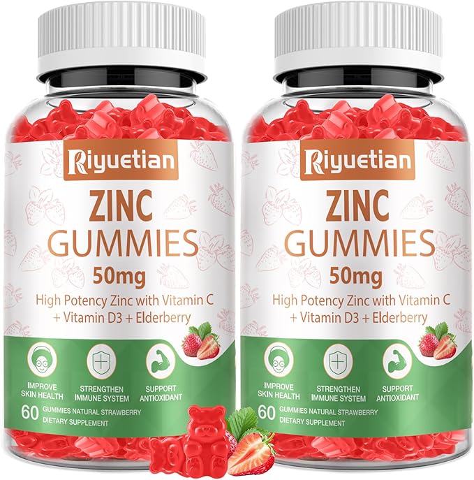 Zinc Gummies 50mg - Vitamin C D3 &amp Elderberry Echinacea Zinc Immune Health Gummies Non-GMO Natural Antioxidant Supplements for Men &amp Women Vegan 2 Pack
