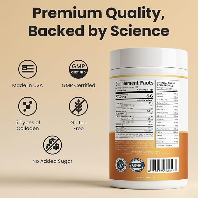 VITASEI Hydrolyzed Collagen Peptides Powder with Resveratrol &amp Vitamin C – Hair Skin &amp Joint Support with Hyaluronic Acid – Colágeno Hidrolizado for Women &amp Men – Unflavored 16 oz (30 Se