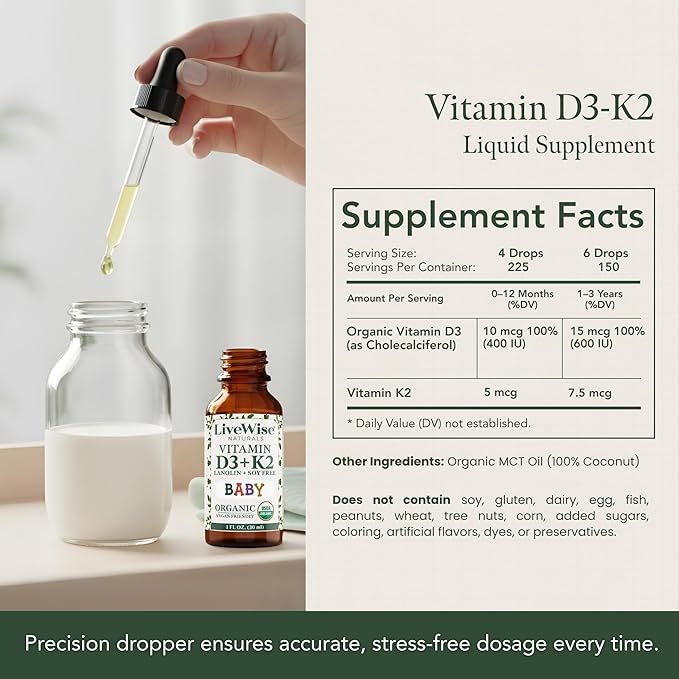 Vitamin D3 K2 Drops for Babies - Concentrated Formulation 225 Servings at 400 IU 5 MCG (MK-7) Micro-Dose Dropper Gentle Daily Supplementation Early Development &amp Precise Dosing